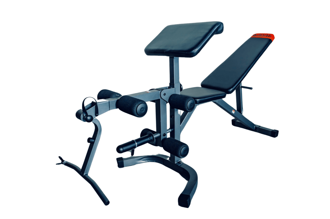 Adjustable bench with preacher curl, leg extension, perfect for home and commercial gym equipment in Calgary.