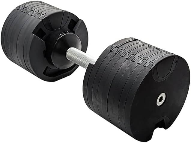 Adjustable dumbbell showcasing 80LB weight in compact design for versatile strength training workouts.