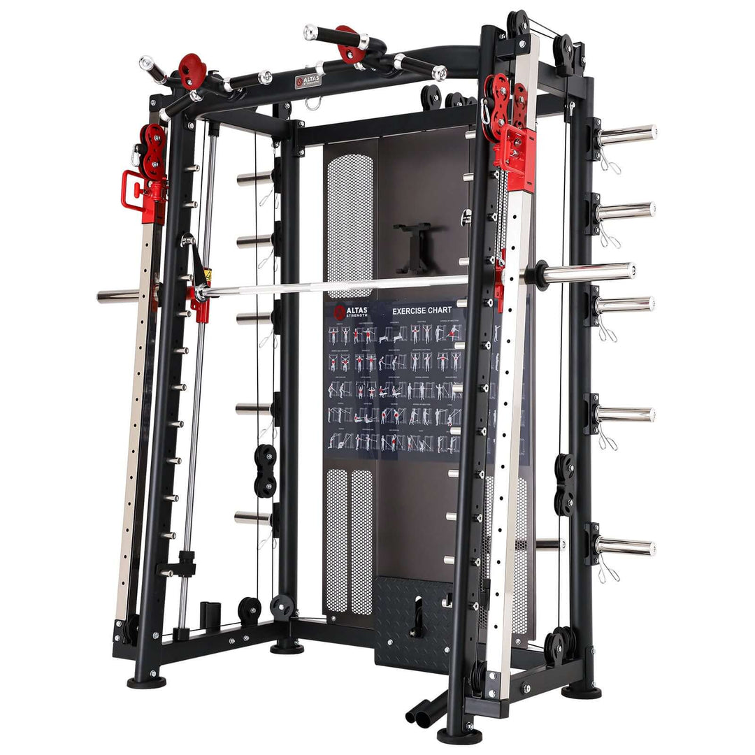 ALTAS AL-3000Y multi-function smith machine for strength training, featuring power rack, adjustable weights, and exercise chart.