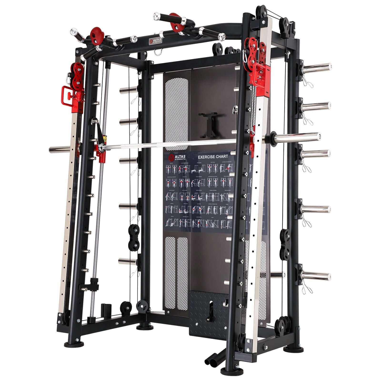 ALTAS AL-3000Y multi-function smith machine for strength training, featuring power rack, adjustable weights, and exercise chart.
