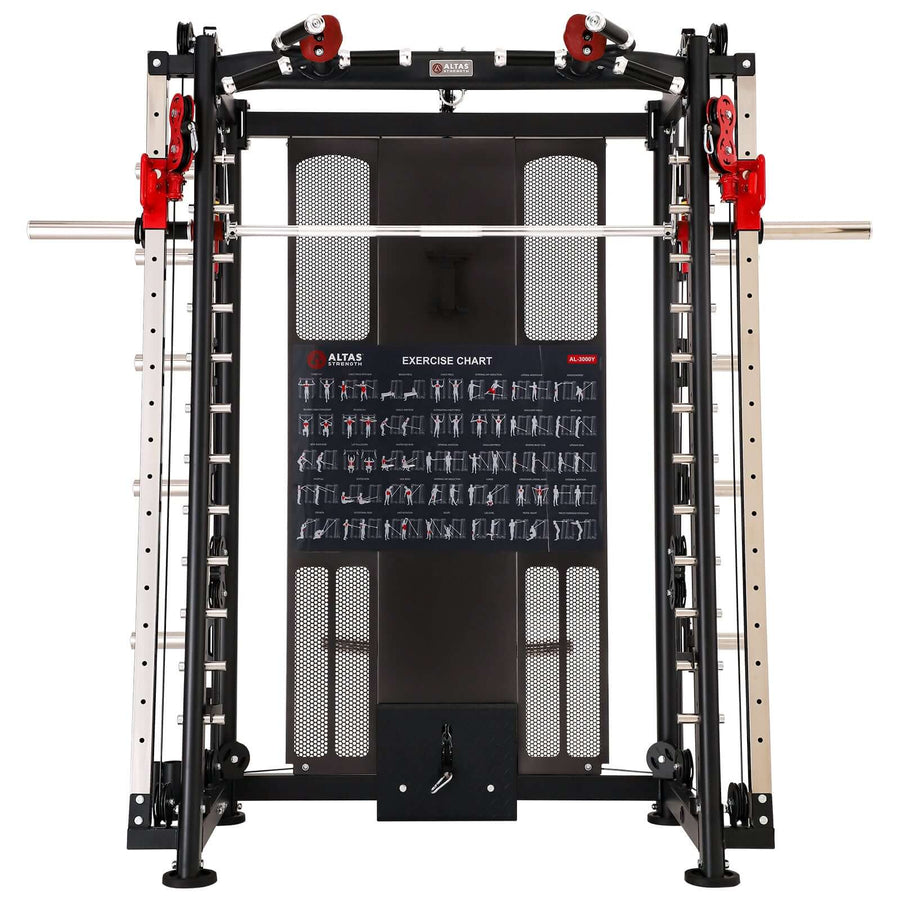 ALTAS AL-3000Y multi-function smith machine for strength training with exercise chart, in black and yellow color.