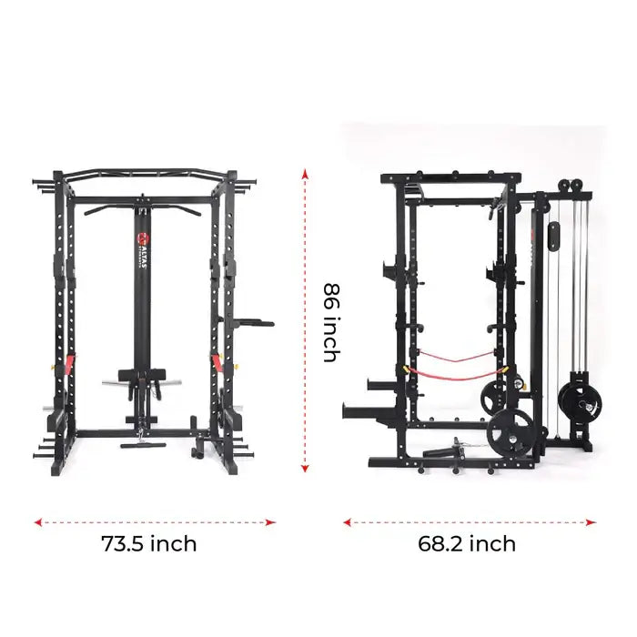 ALTAS AL-3028 squat rack dimensions: 73.5" L x 68.2" W x 86" H, ideal for strength training and fitness equipment in Calgary.
