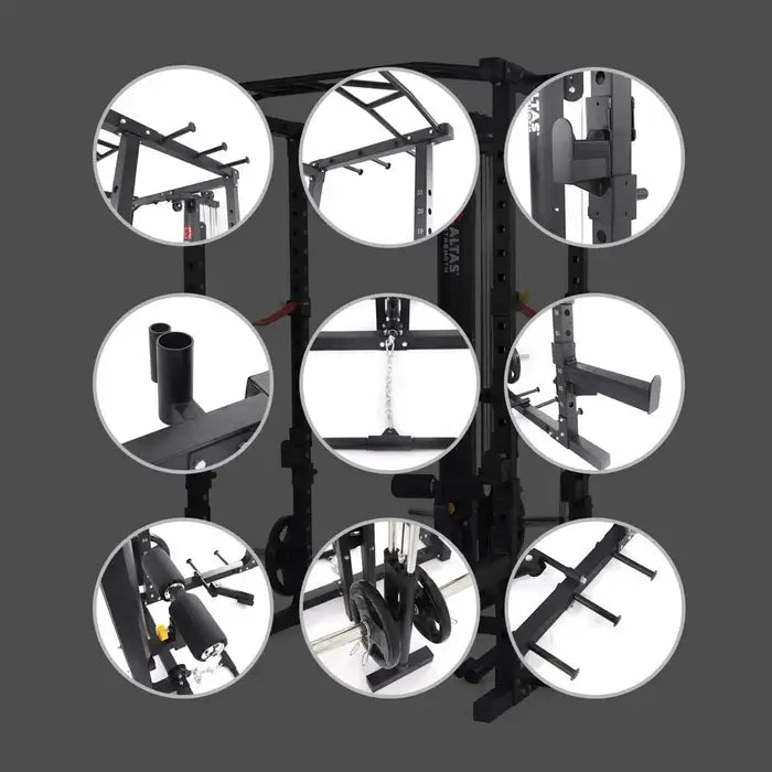 Close-up view of ALTAS AL-3028 squat rack features, highlighting versatile attachments and safety mechanisms for gym enthusiasts.