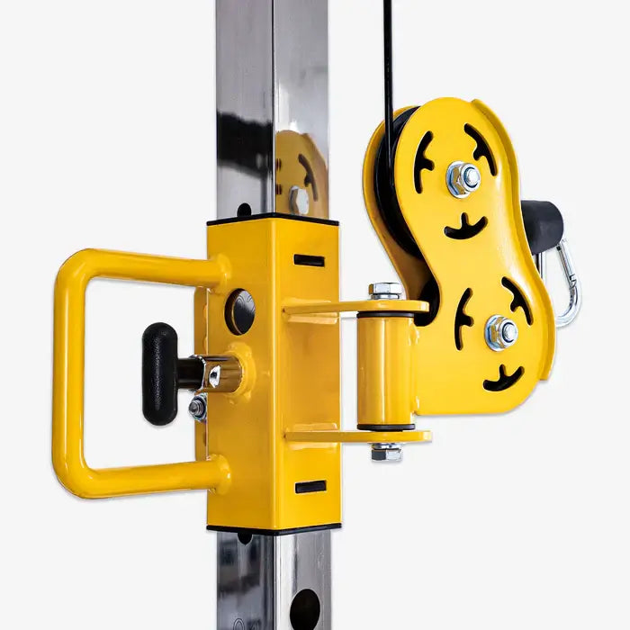 Close-up of Altas AL-3059 Smith Machine pulley system and handle for strength training workouts.