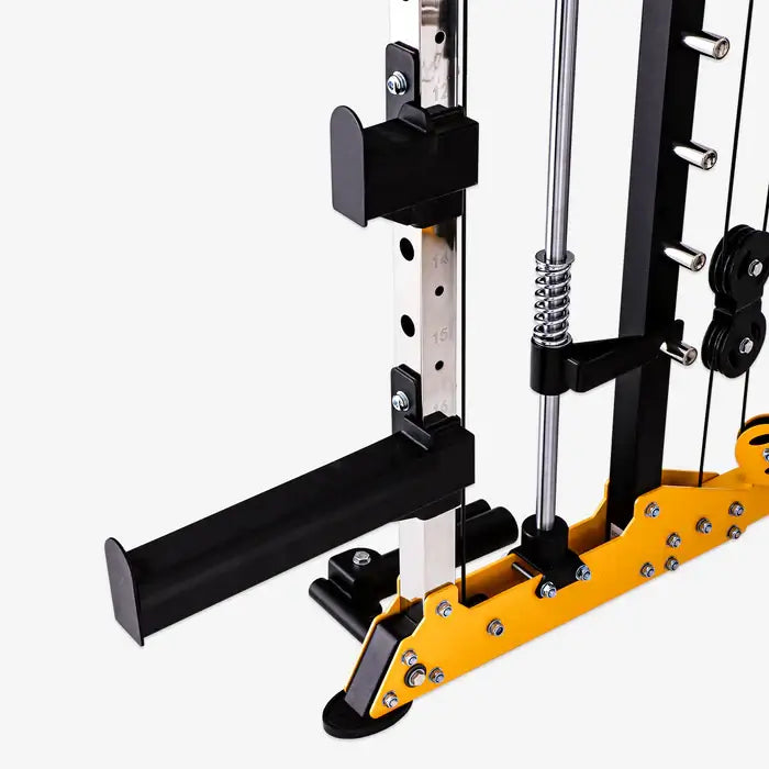 Close-up of ALTAS AL-3059 Smith Machine featuring heavy-duty steel construction and adjustable weight stations for strength training.