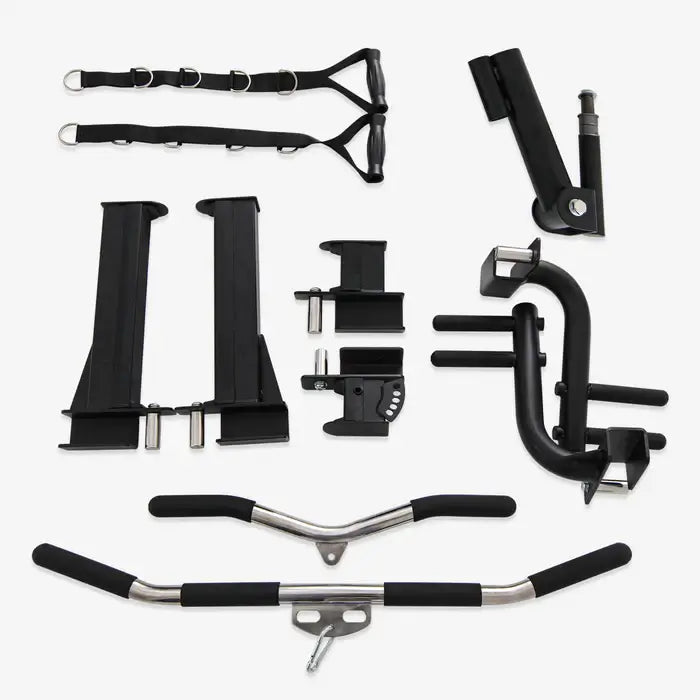 Various attachments and accessories for strength training equipment, ideal for home gym setups and fitness enthusiasts.
