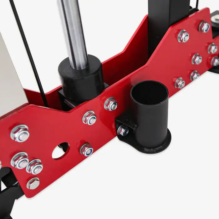 Close-up of the ALTAS AL-3107 Smith Machine's robust red adjustment system, designed for home gym efficiency.