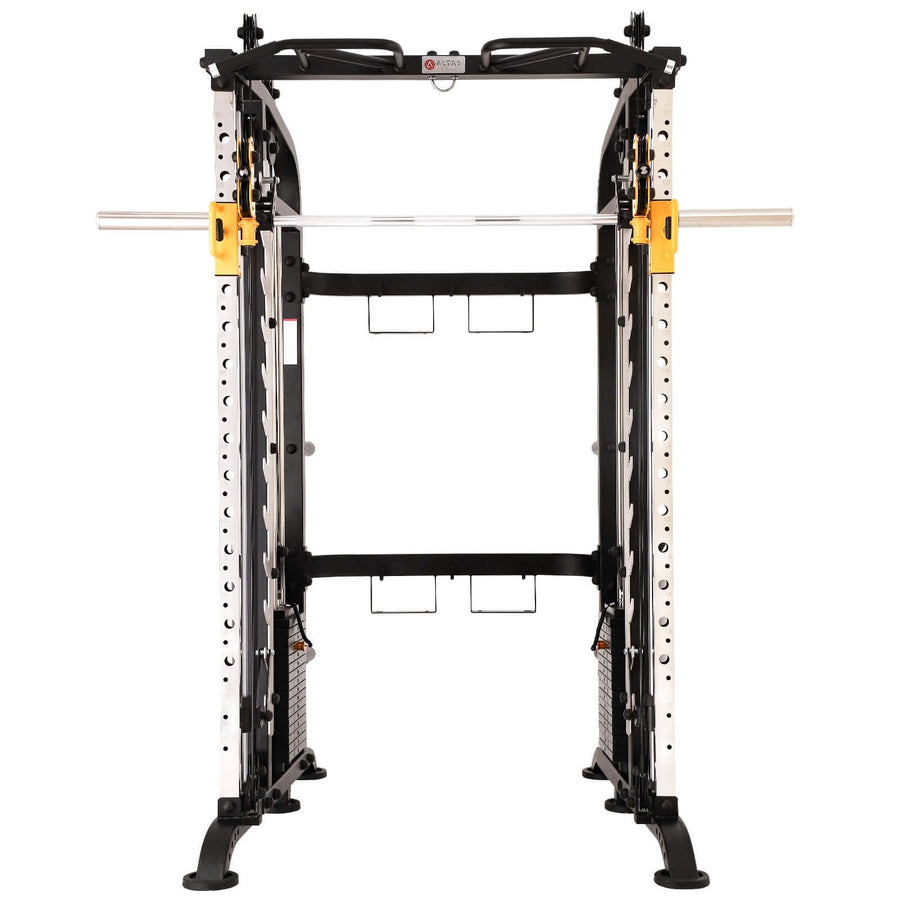 ALTAS AL-M810 Smith Machine for home gym, featuring adjustable barbell rack and dual pulley system for total body workouts.