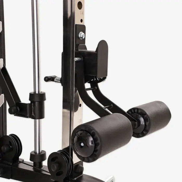 Close-up of adjustable roller pad on ALTAS AL-M810 Smith Machine for effective leg workouts.