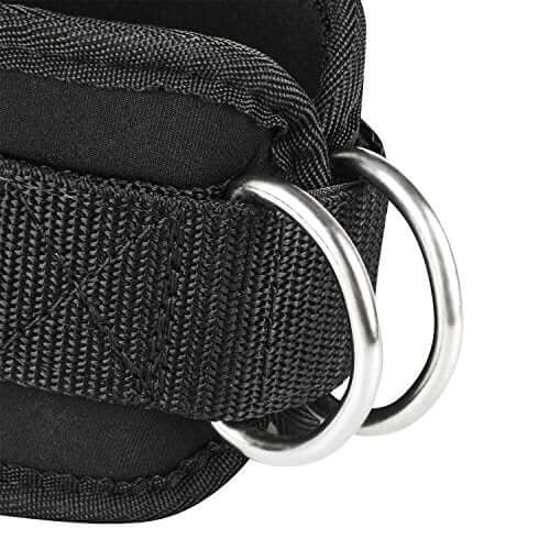Close-up of X-RIVAL ankle strap featuring durable fabric and metal D-rings for cable machines.