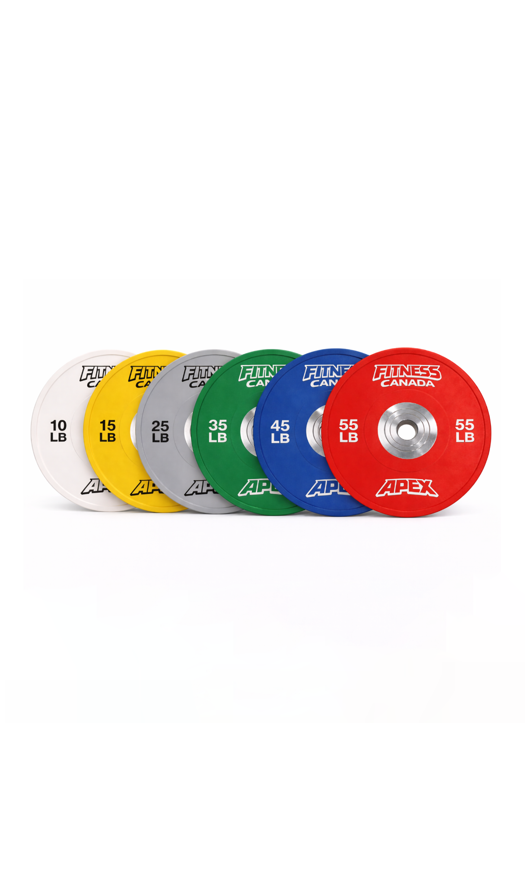 Apex competition bumper plates: 10, 15, 25, 35, 45 and 55 lb colour-coded plates for complete 370 lb and 460 lb sets