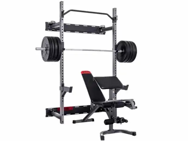 Folding Power Rack AWR92 with Olympic weights and adjustable bench for home gym and strength training in Calgary.