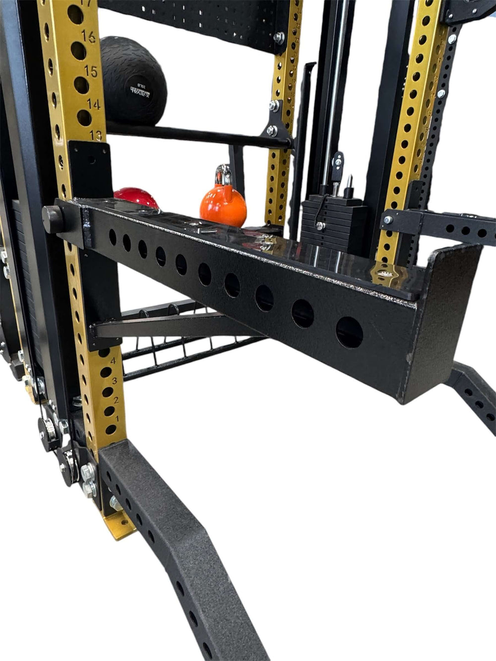 Close-up of the XRFT09(S) functional trainer's weight rack, showcasing its durable steel construction and weight storage features.