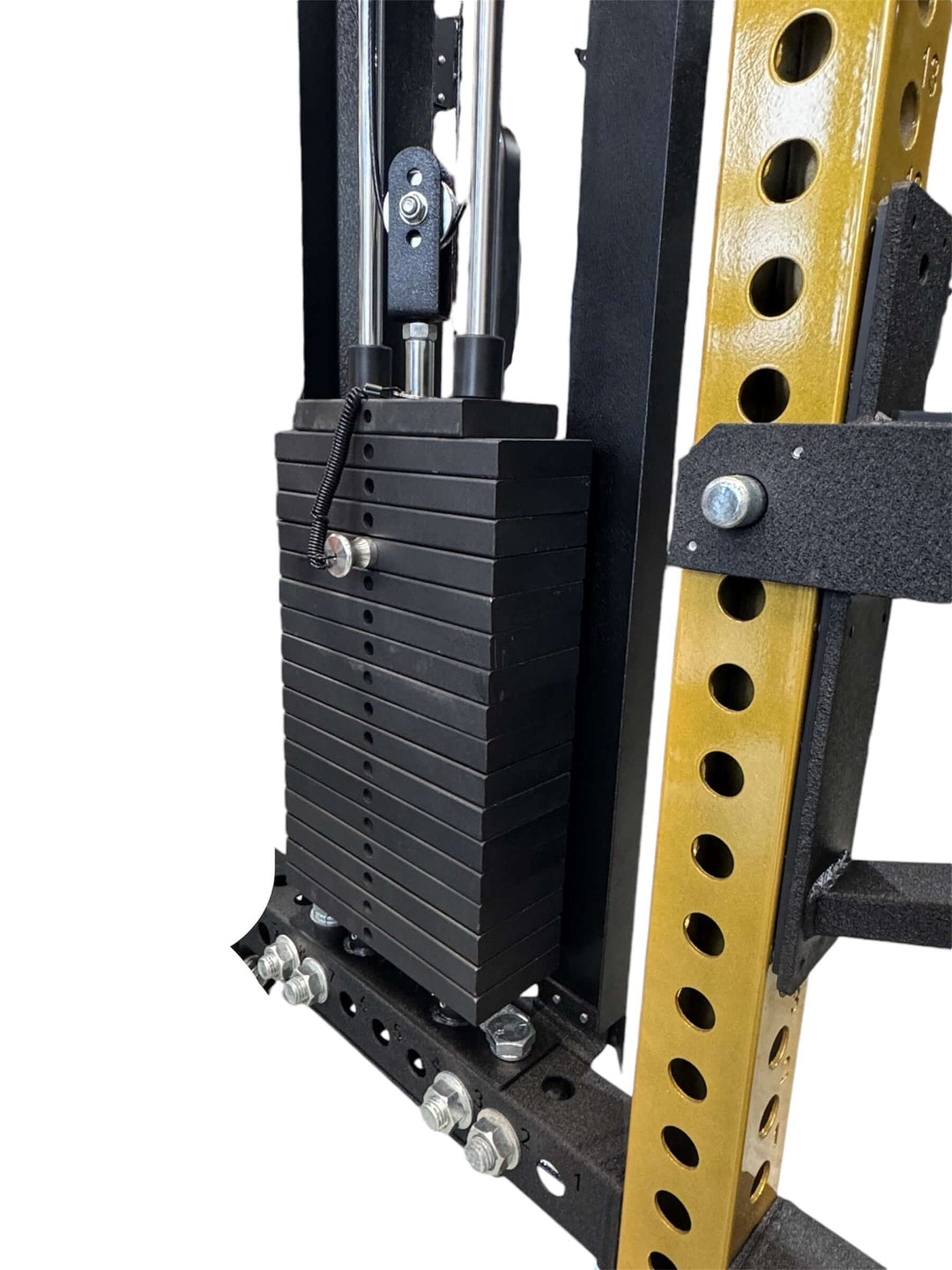 Close-up of dual weight stack on XRFT09(S) functional trainer, showcasing premium gym gear for strength training.
