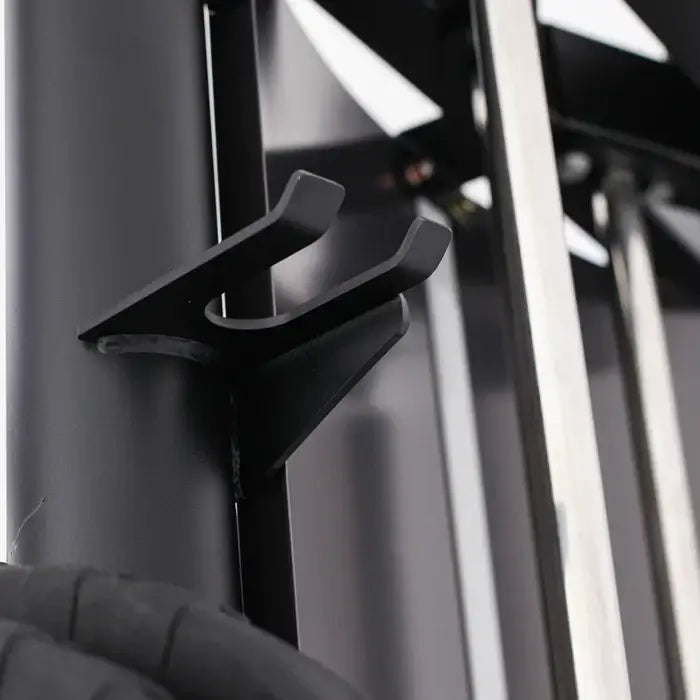 Close-up of a sturdy weight storage hook for home gym equipment, exemplifying premium gym gear in Calgary.