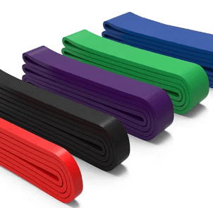 Long resistance bands set in various colors for strength training, perfect for home gyms and commercial fitness equipment in Calgary.