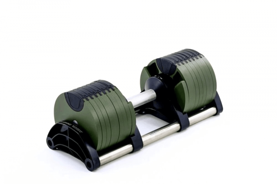Nuo Style Adjustable Dumbbells 80LB pair in green, ideal for home gym and fitness enthusiasts in Calgary.