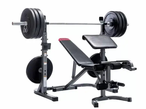 Olympic squat rack ASR82 with adjustable bench and weights for strength training at home gyms in Calgary.
