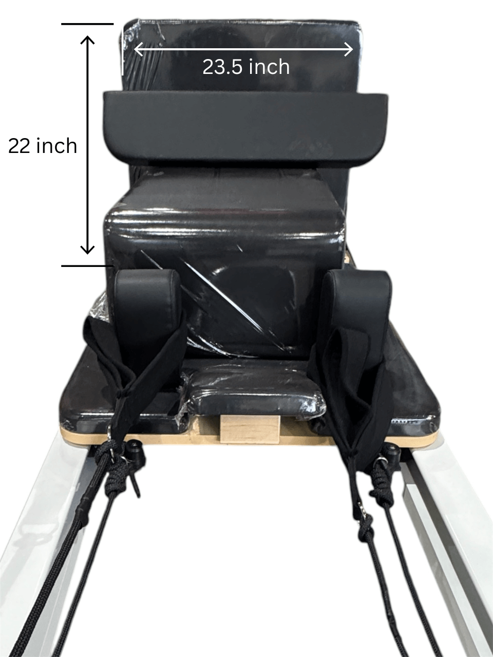 Pilates Reformer S dimensions showing 23.5 inches wide and 22 inches tall, perfect for home gym Calgary or commercial gym equipment.