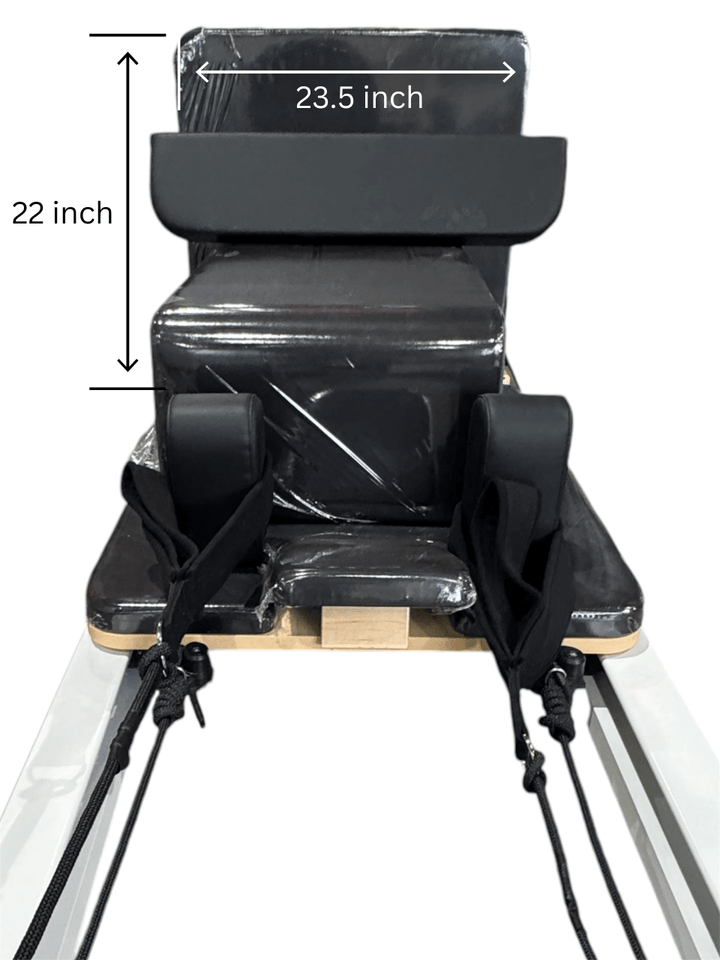 Pilates Reformer S dimensions showing 23.5 inches wide and 22 inches tall, perfect for home gym Calgary or commercial gym equipment.