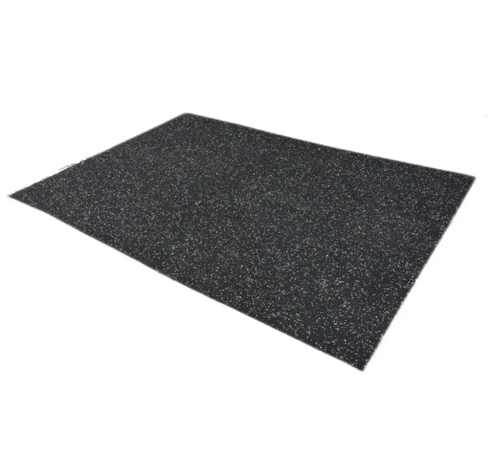 Durable black rubber fitness mat with white sprinkle for gym flooring, perfect for home and commercial use.