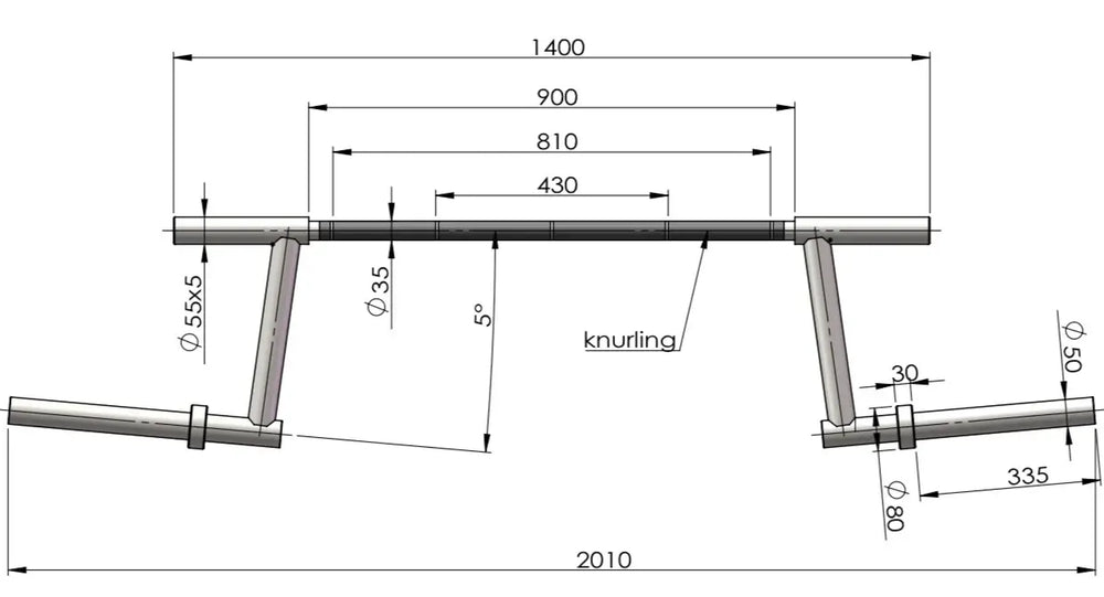 StrongArm Camber Bar technical drawing with dimensions and knurling detail for gym use.