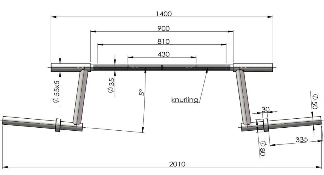 StrongArm Camber Bar technical drawing with dimensions and knurling detail for gym use.