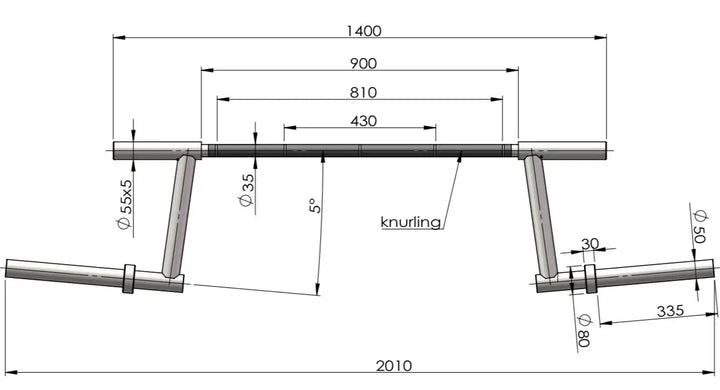 StrongArm Camber Bar technical drawing with dimensions and knurling detail for gym use.