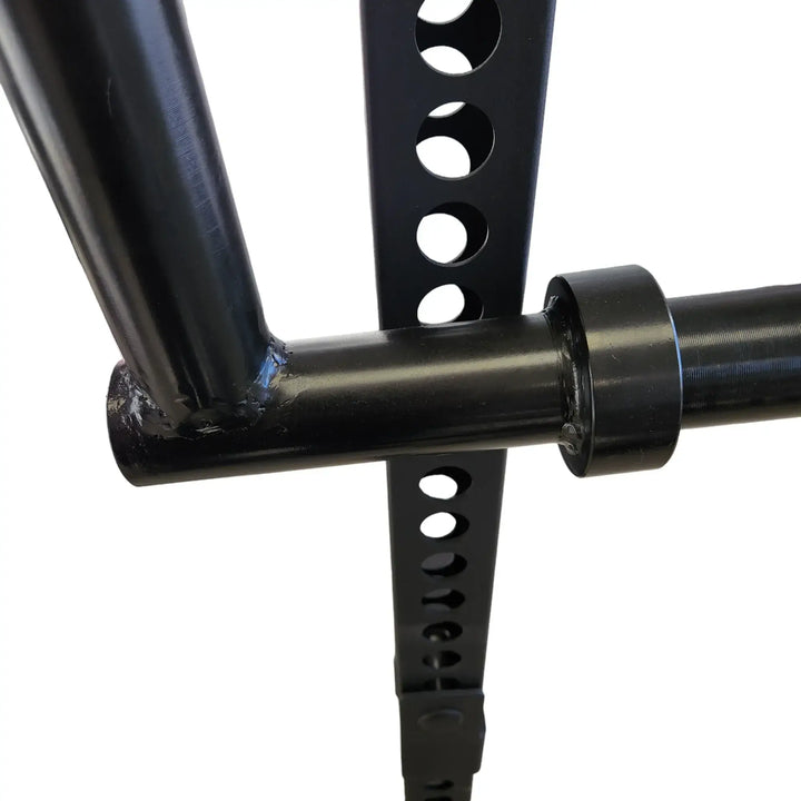 Close-up of StrongArm Camber Bar connection, showcasing durable steel construction for gym equipment in Calgary.