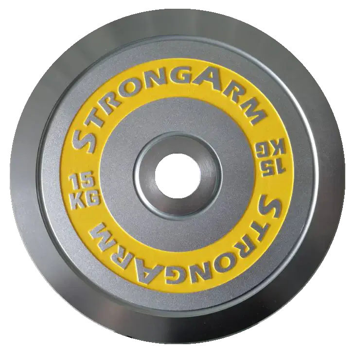 StrongArm chrome weight plate, 15 kg, premium gym equipment for strength training in Calgary.