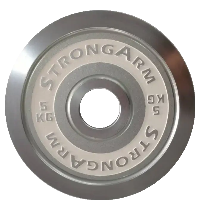 StrongArm chrome weight plate, 5 kg, precision design for commercial gym and home gym use in Calgary.