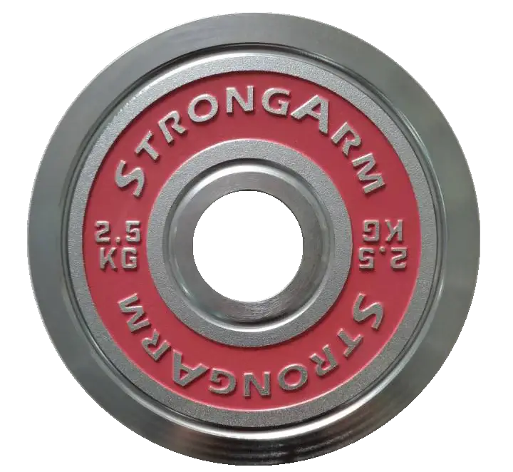 StrongArm chrome weight plate 2.5 kg for precision strength training in Calgary's fitness equipment market.
