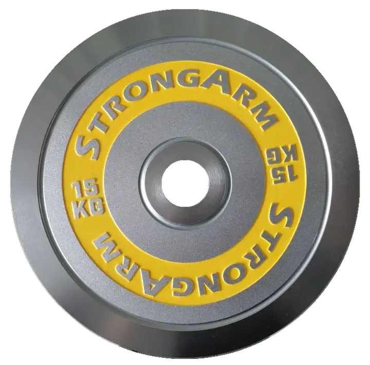StrongArm 15 kg chrome weight plate for premium gym equipment in Calgary, ideal for fitness enthusiasts and commercial gyms.
