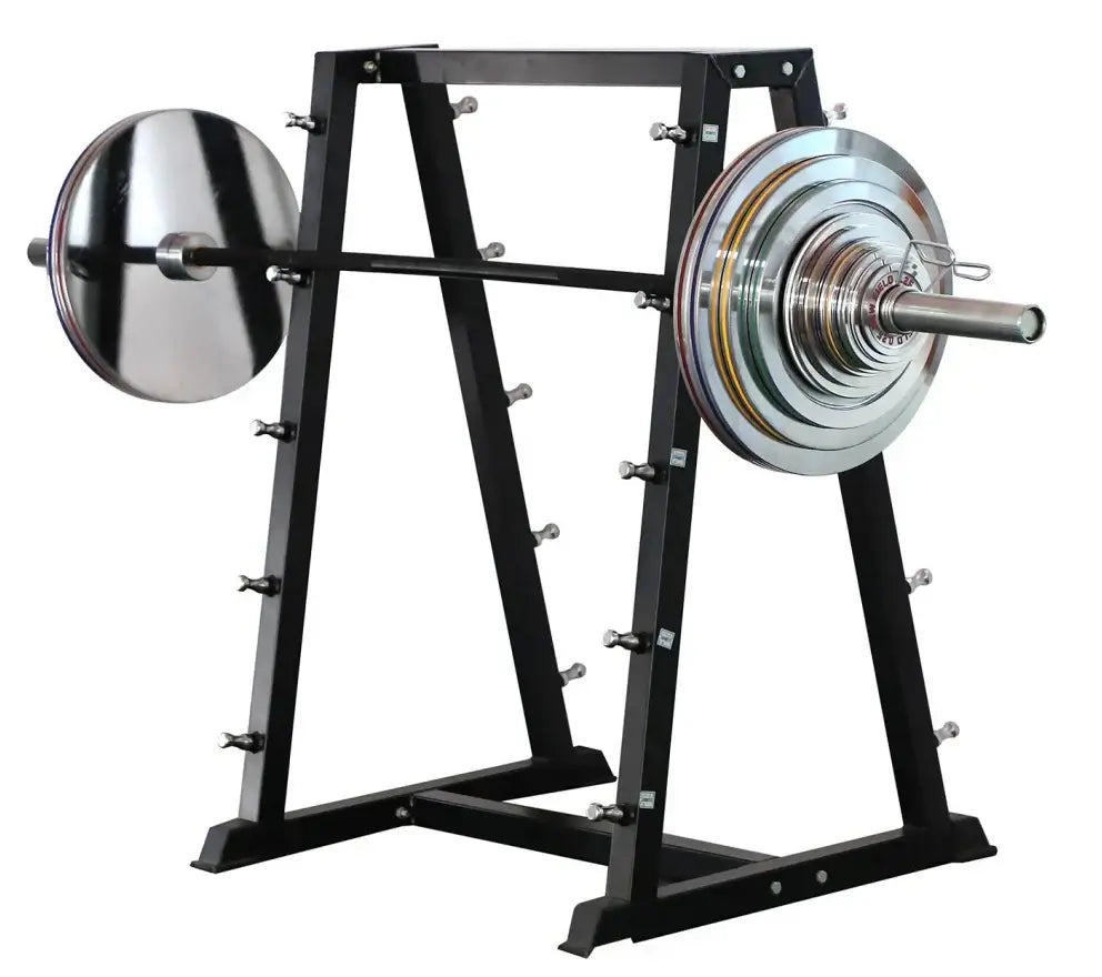 StrongArm Chrome Plate Set on a squat rack, ideal for strength training and fitness equipment in Calgary.