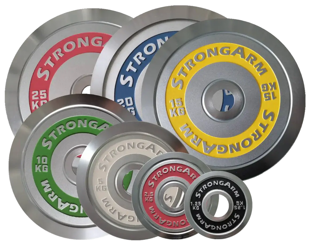 StrongArm chrome weight plates set, IPF compliant, premium gym equipment for strength training in Calgary.