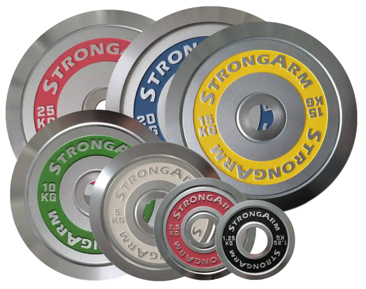 StrongArm chrome weight plates set, IPF compliant, premium gym equipment for strength training in Calgary.