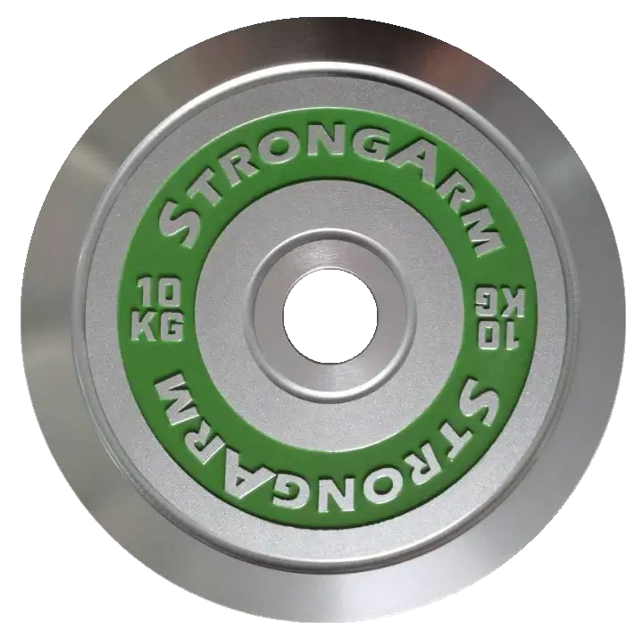 StrongArm 10kg chrome weight plate showcasing precision design for strength training and gym workouts.