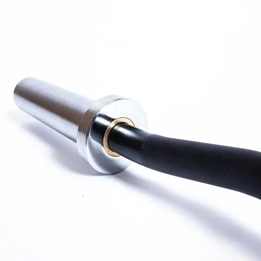 StrongArm EZ Curl Bar close-up with knurled grip and nickel-plated sleeve, perfect for home and commercial gym equipment in Calgary.
