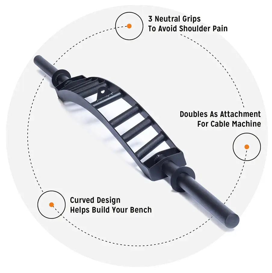 StrongArm Nemesis Bar with three neutral grips, curved design, and cable attachment for versatile strength training.
