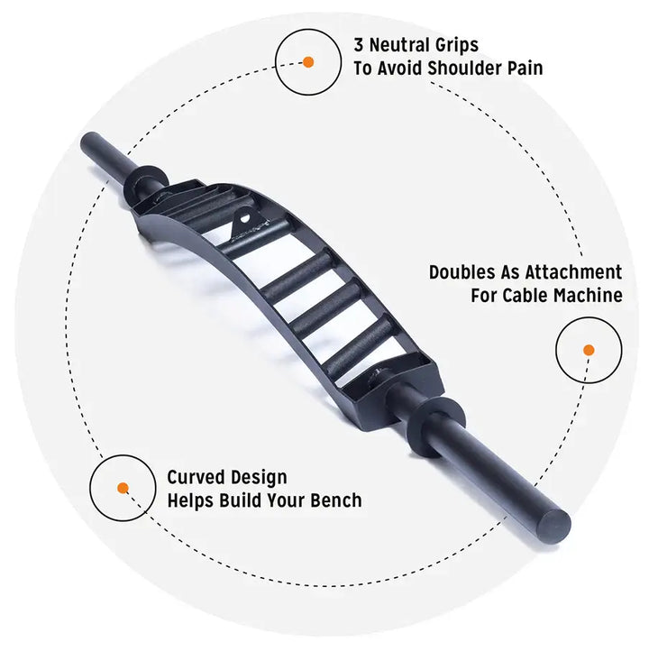 StrongArm Nemesis Bar with three neutral grips, curved design, and cable attachment for versatile strength training.