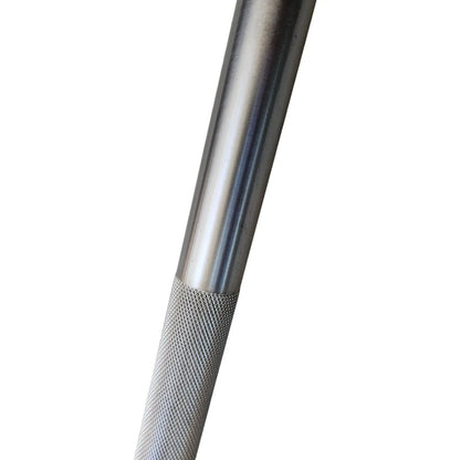Close-up of StrongArm Power Bar 2.0 showcasing knurled grip and sturdy steel design for weightlifting.