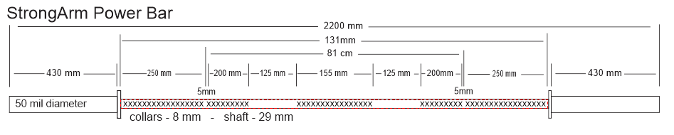 StrongArm Power Bar dimensions illustrating precise measurements for gym use, ideal for strength training and fitness equipment in Calgary.
