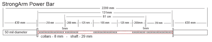 StrongArm Power Bar dimensions illustrating precise measurements for gym use, ideal for strength training and fitness equipment in Calgary.