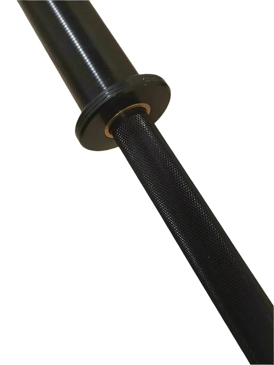 Close-up of StrongArm Power Bar, featuring a knurled grip for secure handling and precision in strength training gear.