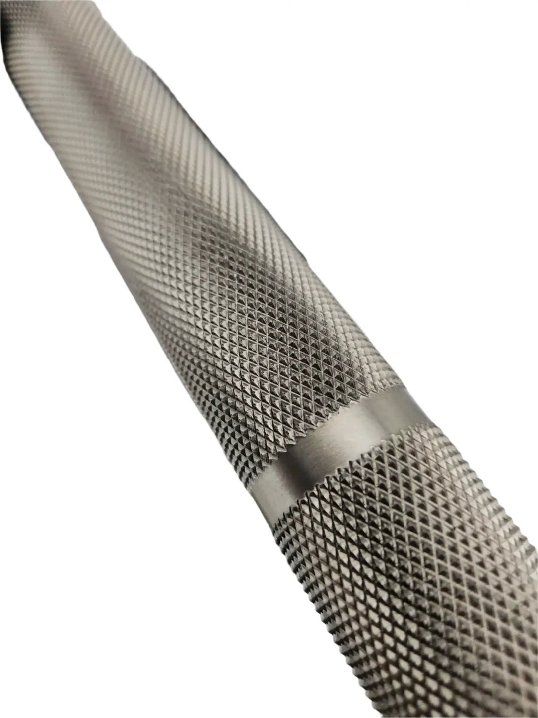 Close-up of the StrongArm Razor Bar's knurled grip, showcasing its premium stainless steel design for optimal strength training.