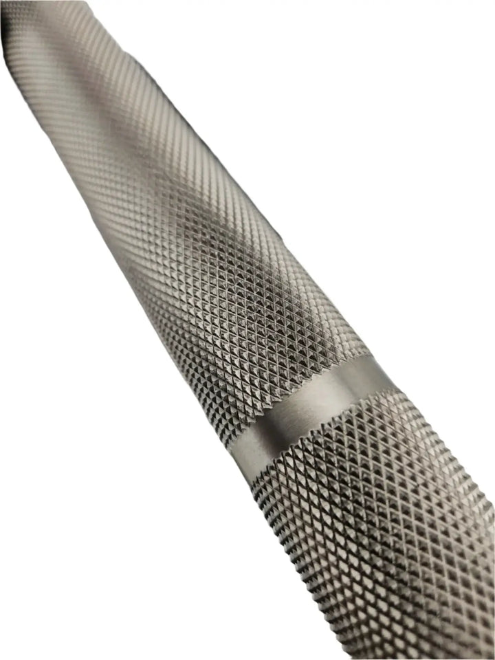 Close-up of the StrongArm Razor Bar's knurled grip, showcasing its premium stainless steel design for optimal strength training.