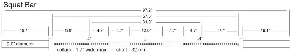 Diagram of StrongArm Squat Bar with dimensions for gym equipment in Calgary, optimized for serious weightlifting.