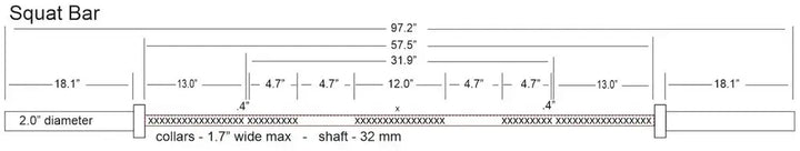 Diagram of StrongArm Squat Bar with dimensions for gym equipment in Calgary, optimized for serious weightlifting.