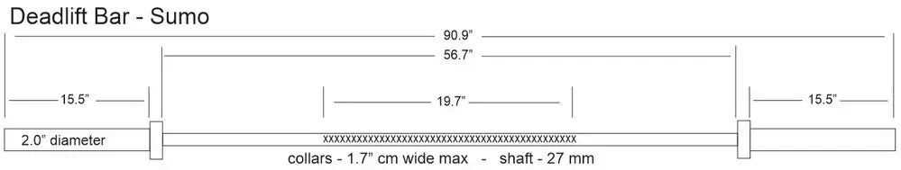 StrongArm Sumo Deadlift Bar diagram with dimensions and specifications for fitness enthusiasts.