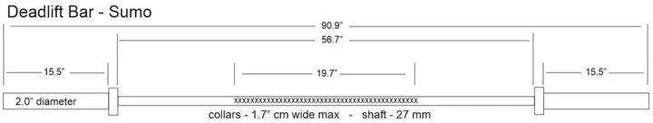 StrongArm Sumo Deadlift Bar diagram with dimensions and specifications for fitness enthusiasts.